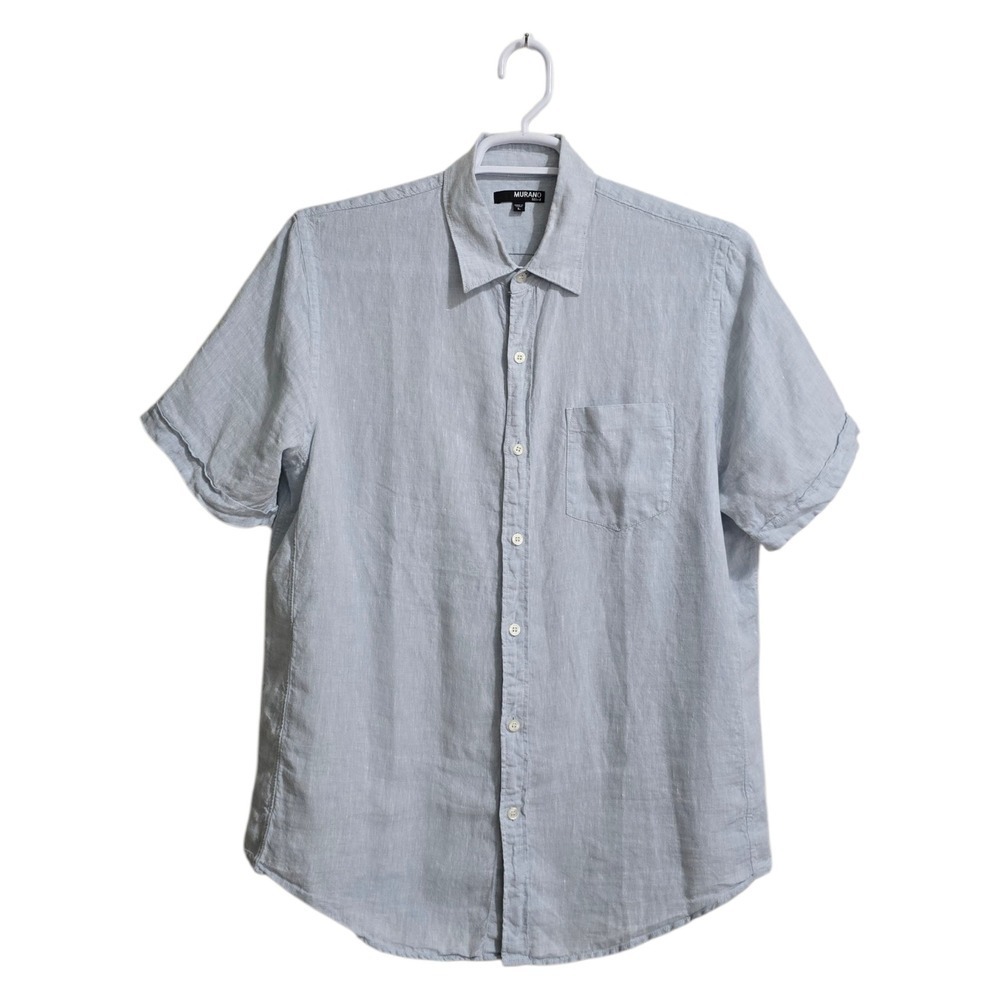 Murano Fitted Short Sleeve Linen Casual Button Down In Light Blue Sz L